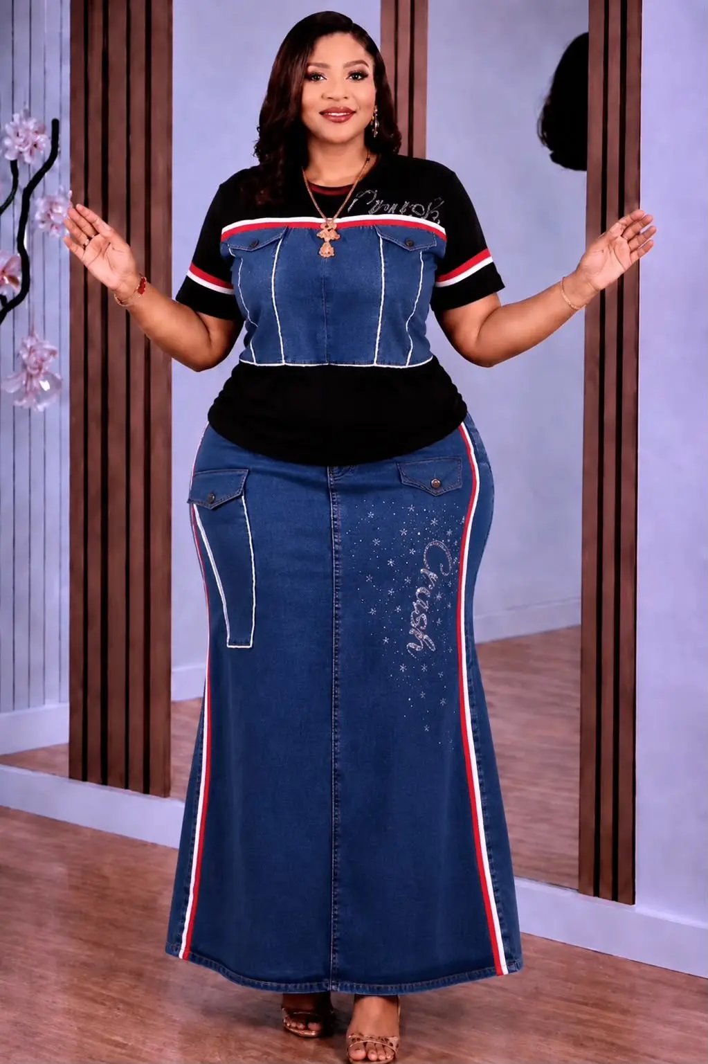 Denim Top & Skirt-striped